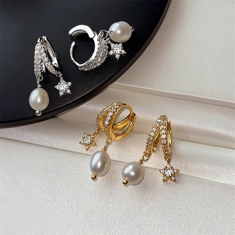 Natural Baroque Pearl Zircon Star Earrings for Women Niche Exquisite All-match Fashion Unique Jewelry Earrings Buckle