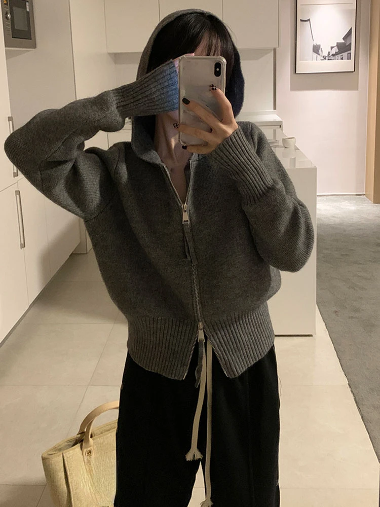 Korean Casual Basic Solid Cardigan Fashion Sweater Long Sleeve Hooded Sweatshirt Knitted Soft Pullover Preppy Style New Design