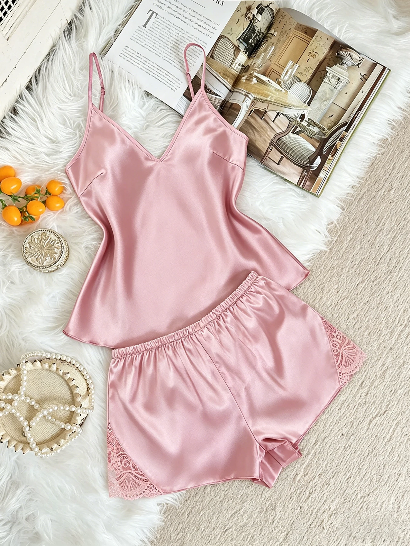 

Women's Satin Cami Pink Pajama Set Sexy V-Neck Spaghetti Strap Sleepwear with Lace Trim Shorts, Soft Silky Loungewear for Ladies