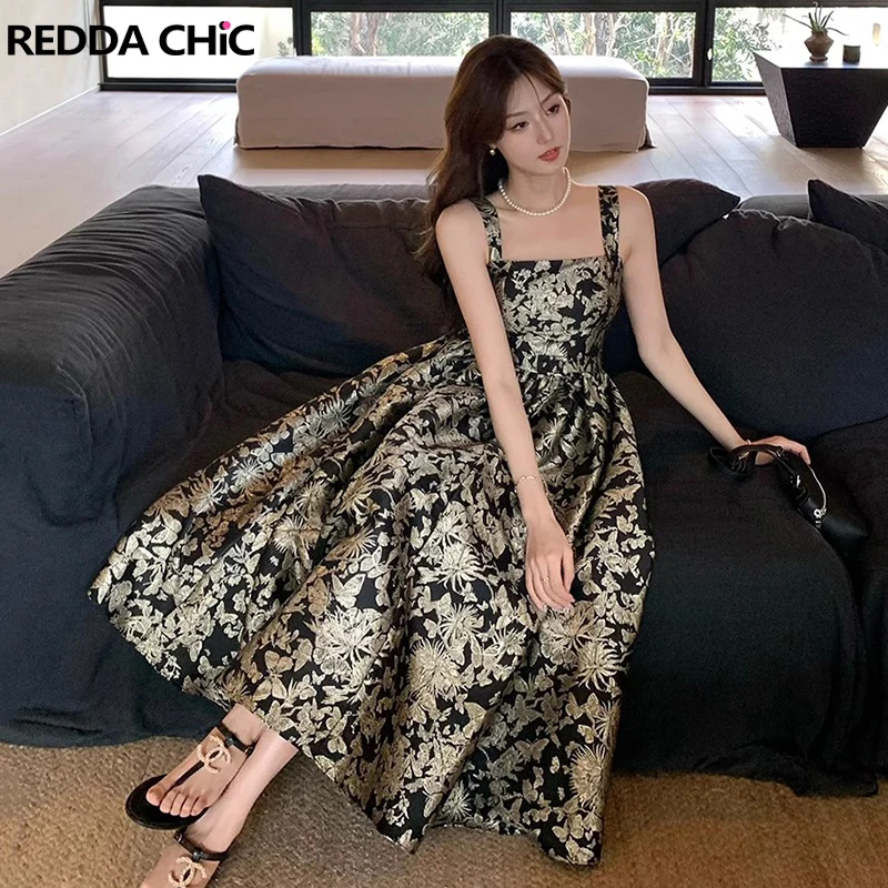 ReddaChic Gold Jacquard Butterfly Women Party Gown Vintage Sleeveless Square Neck Puffy Long Dress Luxury Evening Formal Clothes