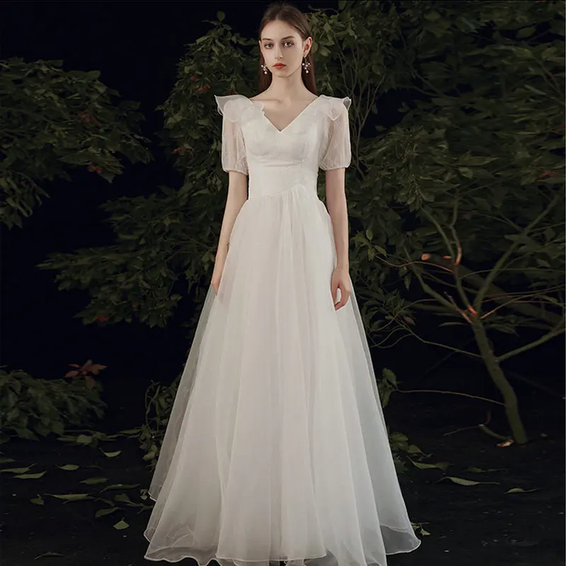 

Customized Elegant V Neck Lace Wedding Dresses Simple Beach Chiffion A Line Bridal Dress With Short Sleeve Robe De Soire