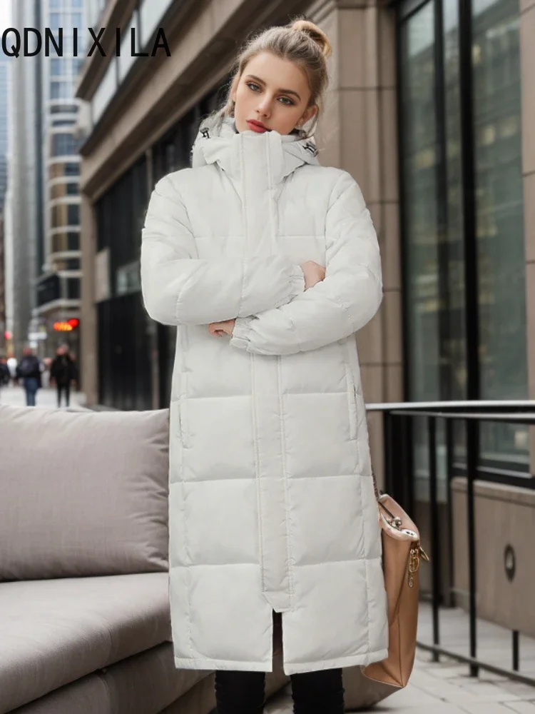 Jaqueta de inverno feminina engrossado longo sobre o joelho casacos elegantes com capuz novo outerwear roupas femininas preto quente parkas