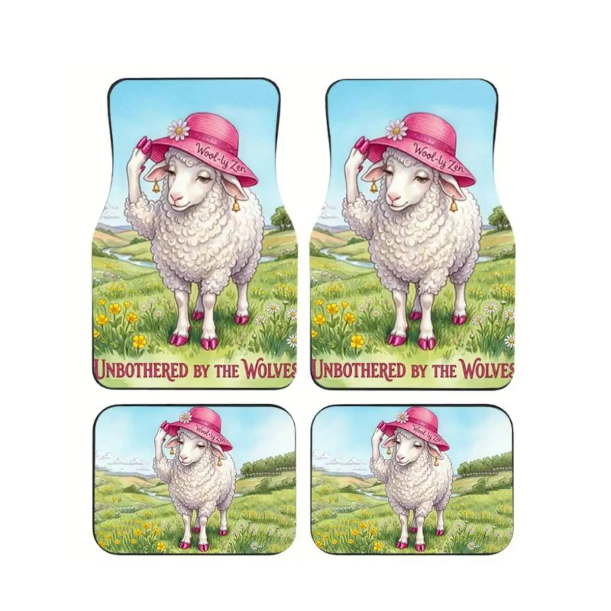 

Wool-ly Zen Sheep Print Car Floor Mats 4Pcs Unbothered By The Wolves Universal Anti-slip Auto Foot Pads For Car SUV Truck