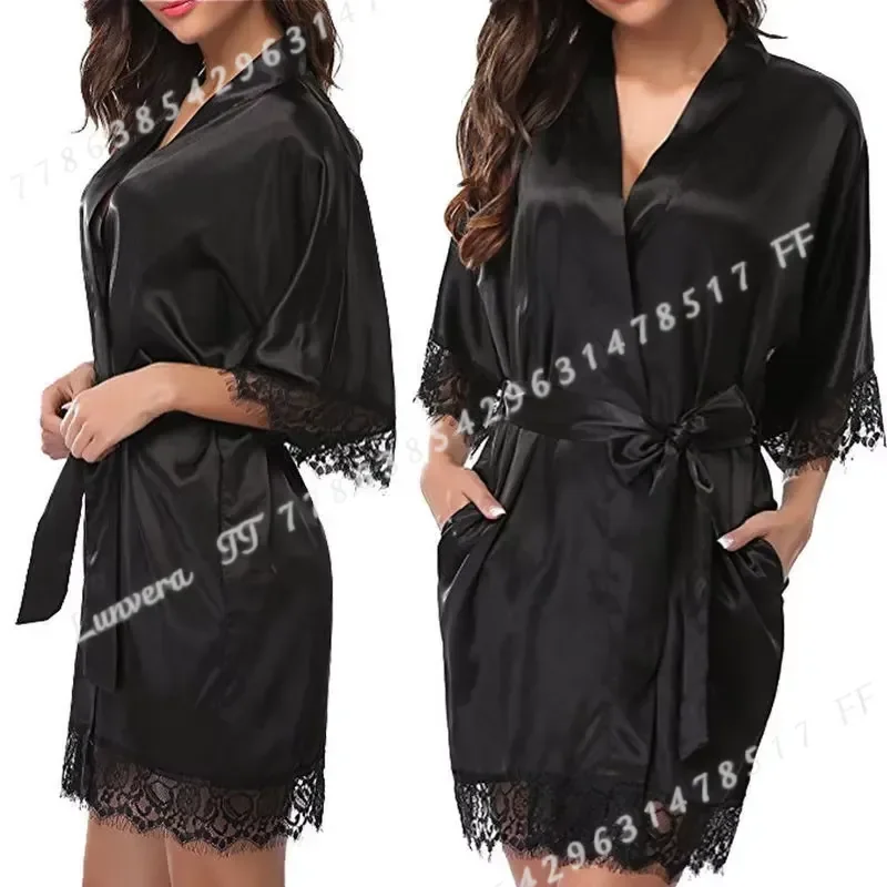 Women Lace Silk Pajamas Robe Sleepwear Nightgown Half Sleeve Nightdress Black Lace Bathrobe Smooth Soft Comfortable Pure