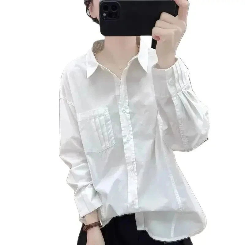 Camisa coreana de peito único feminina, camisa feminina com fundo de manga longa, estilo retrô, design senso primavera e verão, 2024