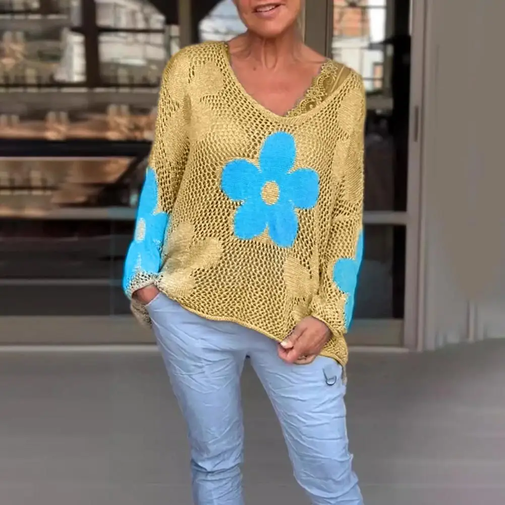 طباعة تصميم جوفاء الشاطئ التستر الأعلى الربيع النساء تريكو الخامس الرقبة طويلة الأكمام البلوز الحياكة القمم خفيفة الوزن متماسكة زهرة