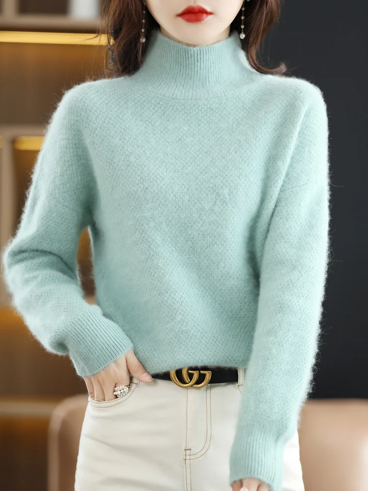 Winter New 100% Mink Cashmere Sweater Women\' High Neck Thicken Large Size Tops Jacquard Knitted Pullover Loose Warm Base Shirt