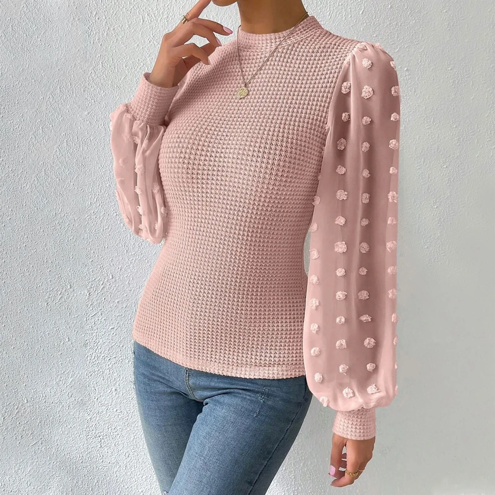 Elegant Knitted Blouse Shirt Women Autumn O Neck Long Sleeve Mesh Puff Sleeve Slim Shirts For Women Autumn Office Tops