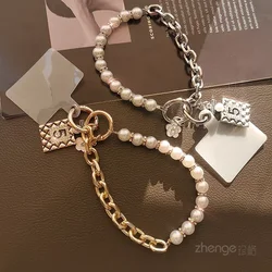 Mobile Phone Lanyard Pearl Chain No. 5 Hanging Tag Bracelet Short Wrist Strap Small Tag Metal Clip Phone Case Universal Strap