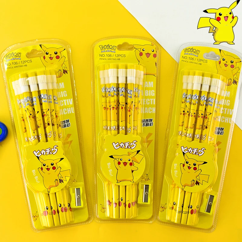 Material Escolar Temático Pokémon com 12 Peças, Lápis com Figura do Pikachu e Apontador, Presente Escolar para Crianças