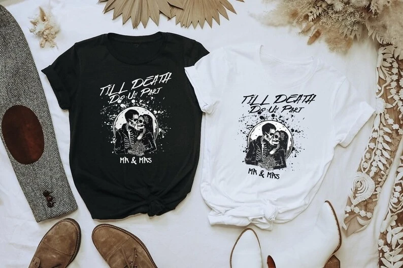 

Till Death Do Us Part T-Shirt Unisex Short Sleeve Tee Wedding Couple Shirt Party Bride Groom Skeleton Goth Edgy Alternative