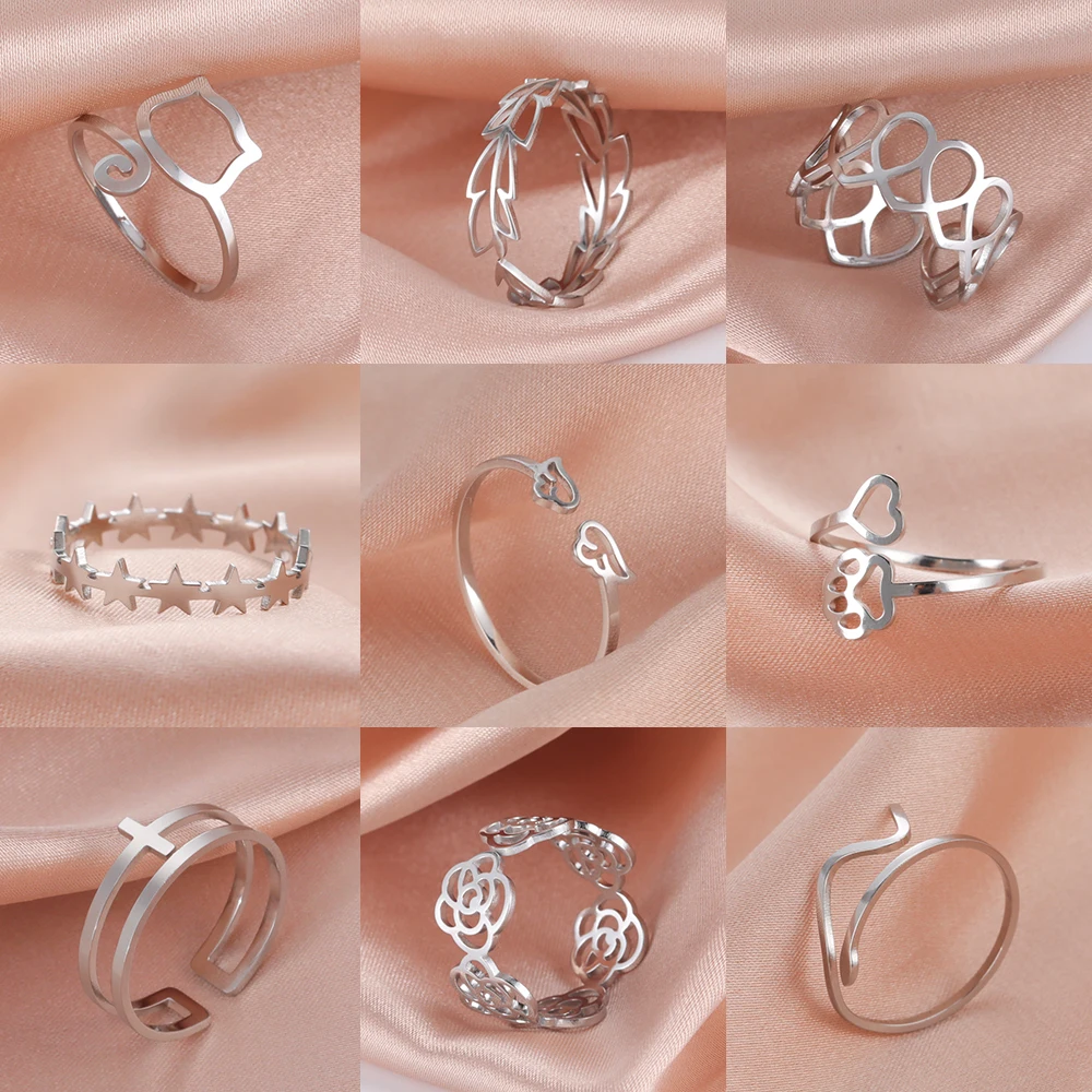 Teamer Stainless Steel Ring Women Girls Couple Rings Heart Cat Paw Flower Snake Star Music Adjustable Finger Ring Jewelry Gifts