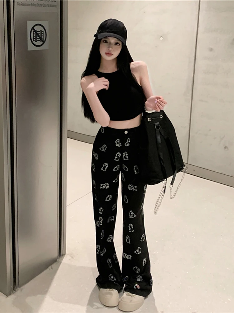 

Dog hot diamond casual pants for women in summer black high waisted slim straight leg loose and wide leg floor length pants
