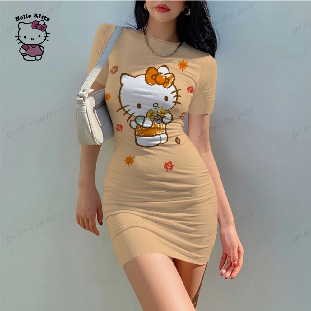 Hello Kitty Girl Dress Summer Cartoon Print Mini Casual Kid/Adult Short Sleeve Evening Dress Party Beach Birthday Dress