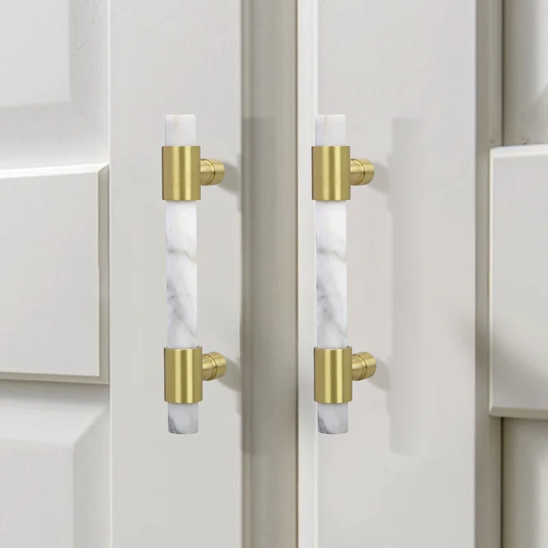 Natural Marble Cabinet Door Handles Brass T Bar Handles Drawer Knobs Luxury Furniture Pulls for Kitchen Cupboard Wardrobe Pulls