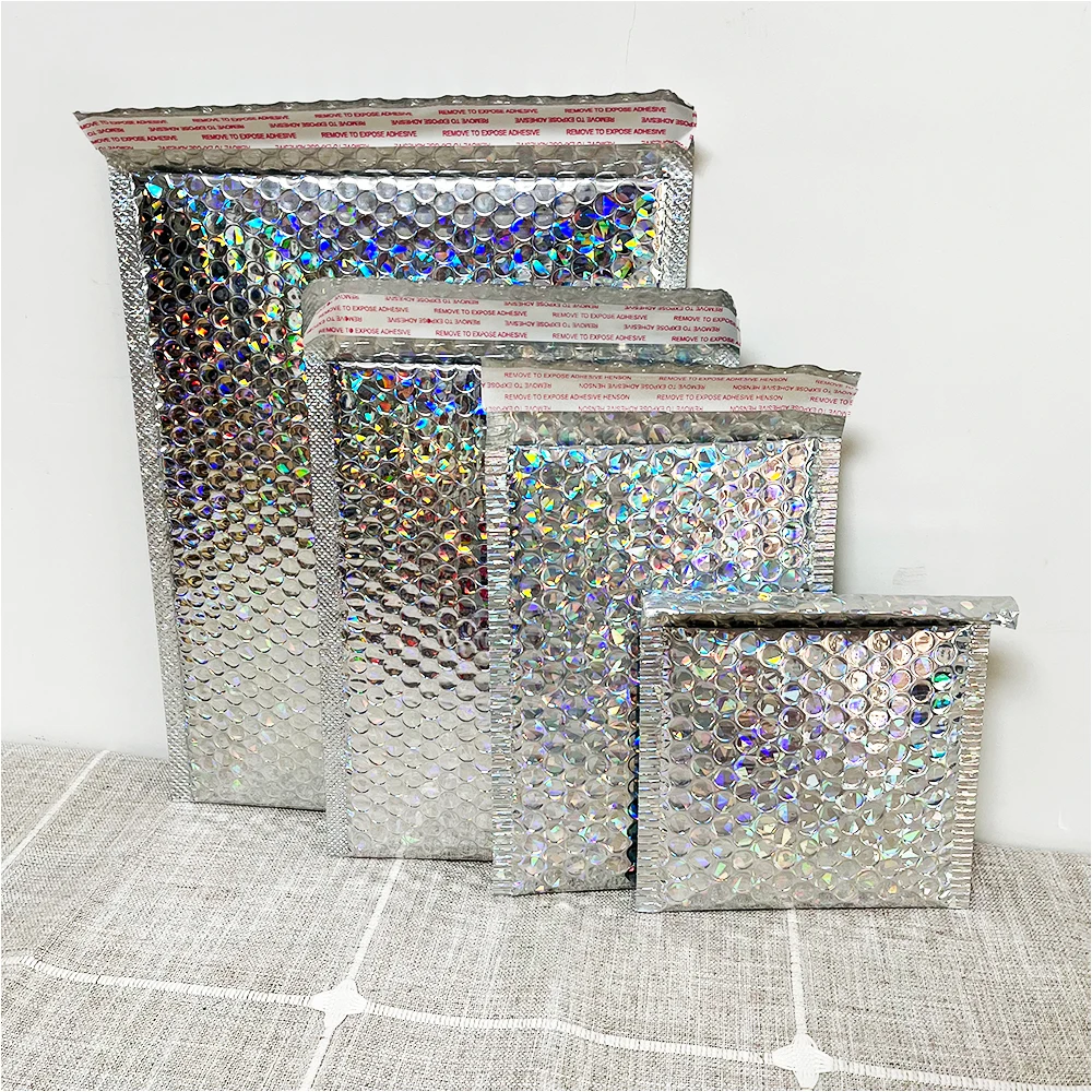 50PCS Holographic Foil Bubble Mailer Makeup Gift Bags Glamour Colorful Packaging Bubble Mailer Padded Shipping Mailing Envelope