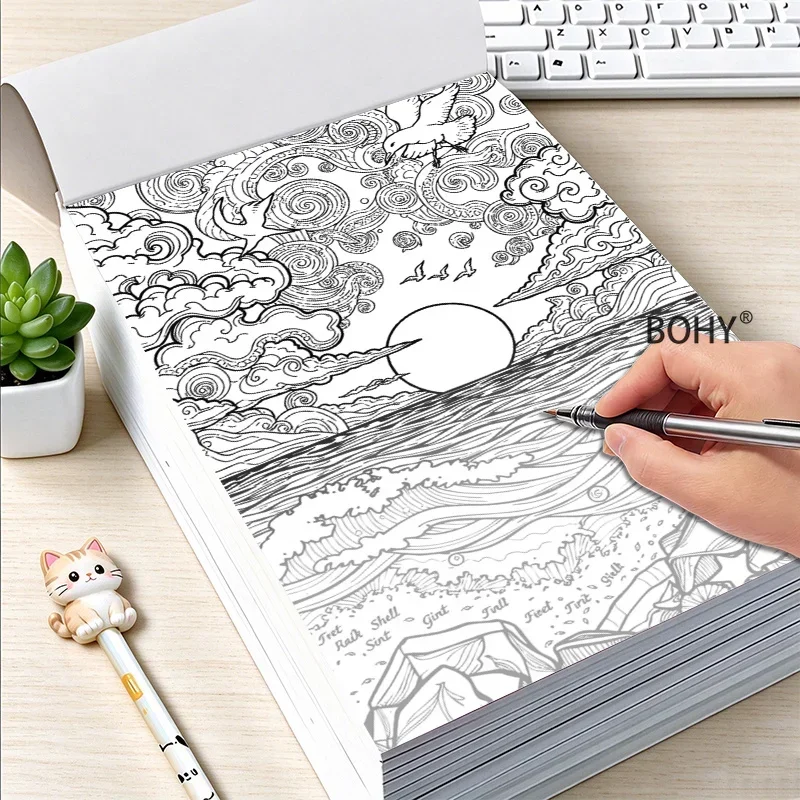 1 Calming Line Drawing Coloring Book, Inlcude Exquisite Flower Clusters/dogs/bird and Wave Themed Drafts, Totaling 24 Pages