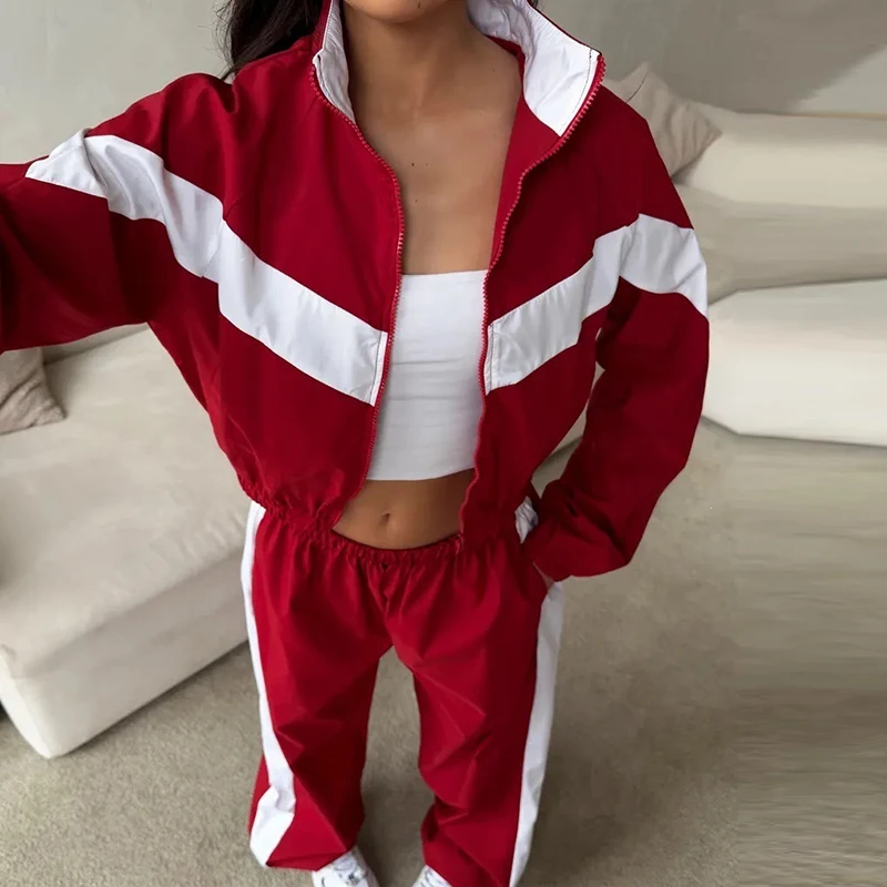 New Casual Zipper Outdoor Sports Outfit Trendy Lapel Long Sleeved Jacket+Pants 2pc Set Comfortable Contrasting Color Splice Suit