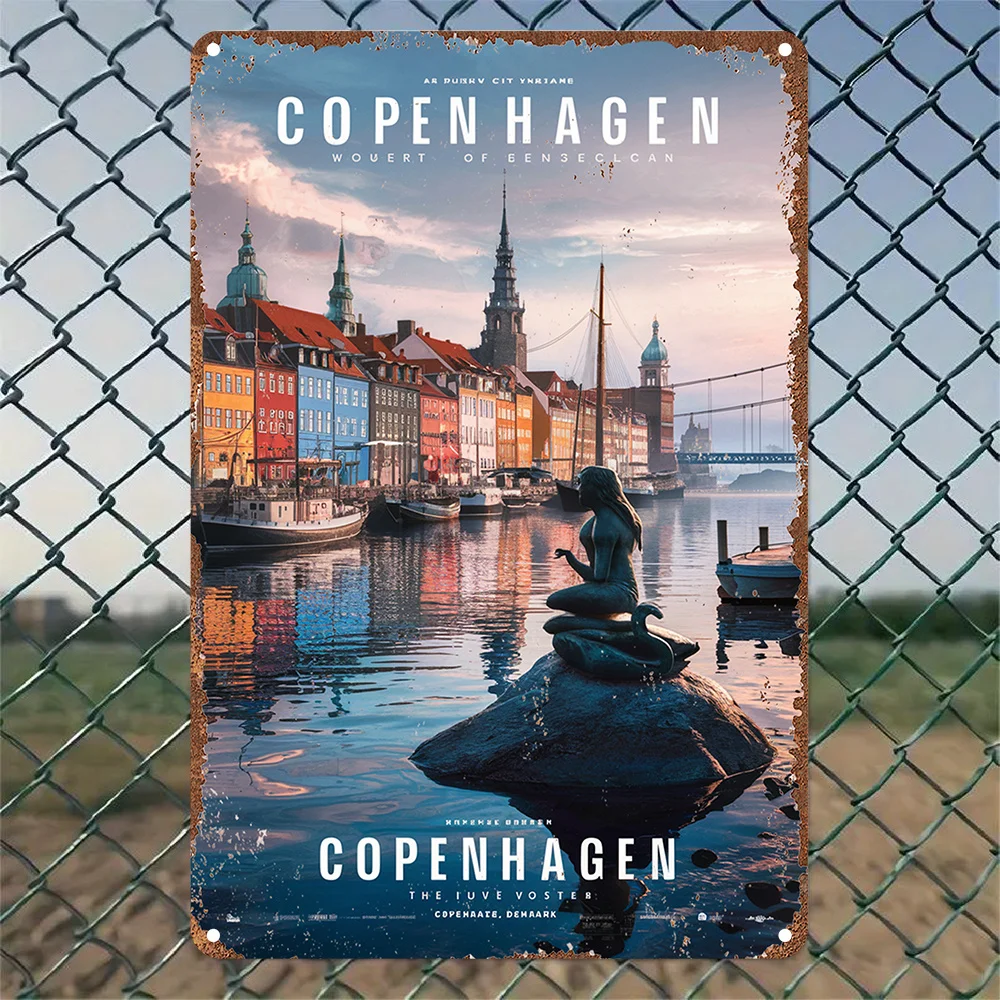 Vintage Copenhagen Metal Wall Art Sign - Aluminum Decor Featuring Iconic Landmarks,Perfect for Room Decor