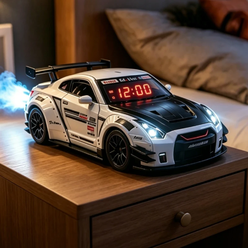 1 Juego de reloj despertador para coche con pantalla LED, efectos de luz, decoración para dormitorio infantil, regalo único para niños, niños pequeños y entusiastas de los coches