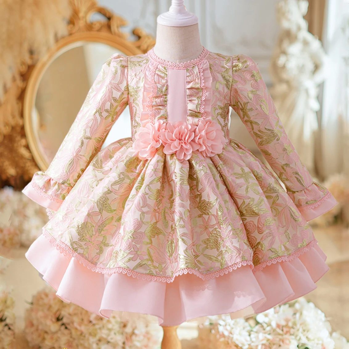 

Luxury Girl Palace Banquet Flower Dress Toddler Bow 1st Birthday Wedding Party Dress for Kids Lace Long Sleeve Prom Baby Clothes