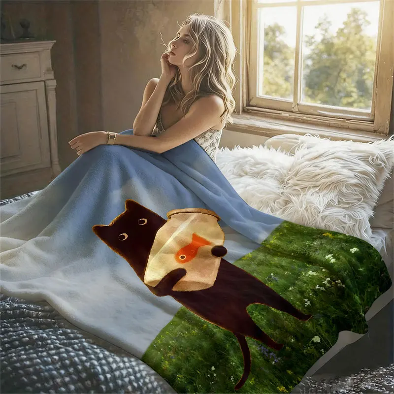Cat Holding Fish Bowl Flannel Blanket Perfect for Sofa Office Bed Travel Sleep Read Relax Camping Four Season Use
