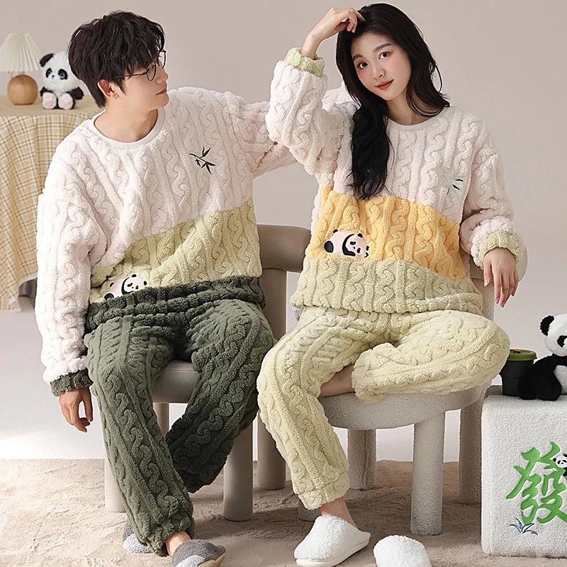 Casal flanela pijamas de inverno para homens e mulheres manga longa engrossado dos desenhos animados bonito veludo pijamas jovem menino menina loungewear