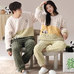 Panda Cartoon Cute Coral Fleece Winter Warm Sleepwear For Couples 2024 New Korean Women and Men Matching Nightwear Mujer Hombre