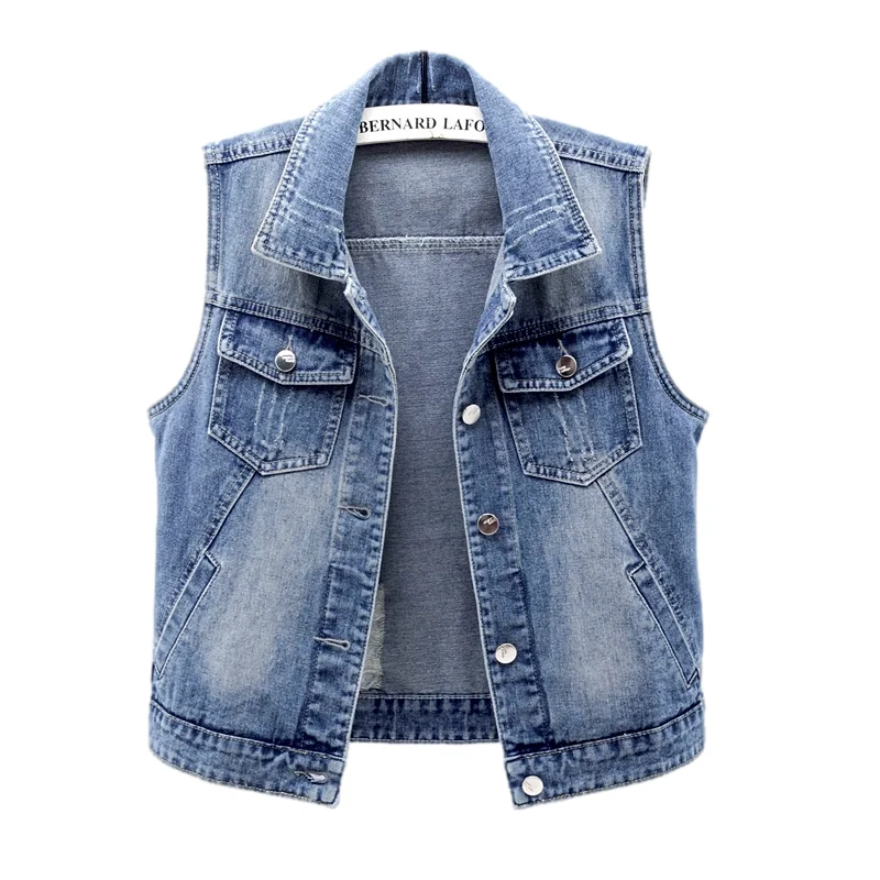 

Vintage Blue Holes Pocket Denim Vest Women Slim Short Student Cowboy Waistcoat Summer Korean Casual Sleeveless Jeans Vest Female