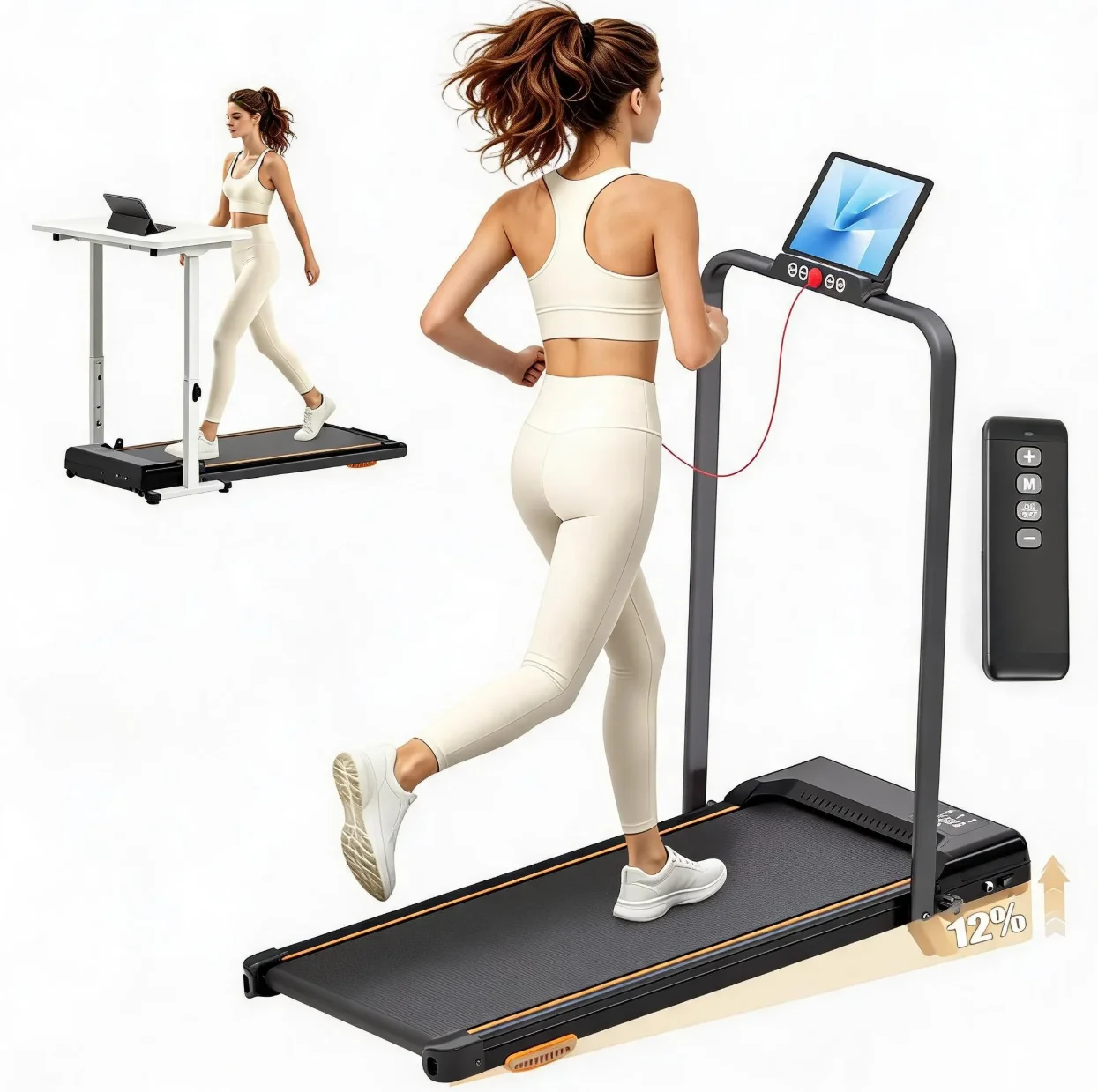 Foldable Treadmill with Handle Bar for Home, 12% Incline 3-in-1 Walking Jogging Running Machine, 3.0HP Motor 7.5MPH, 330LBS Capacity, LED Display