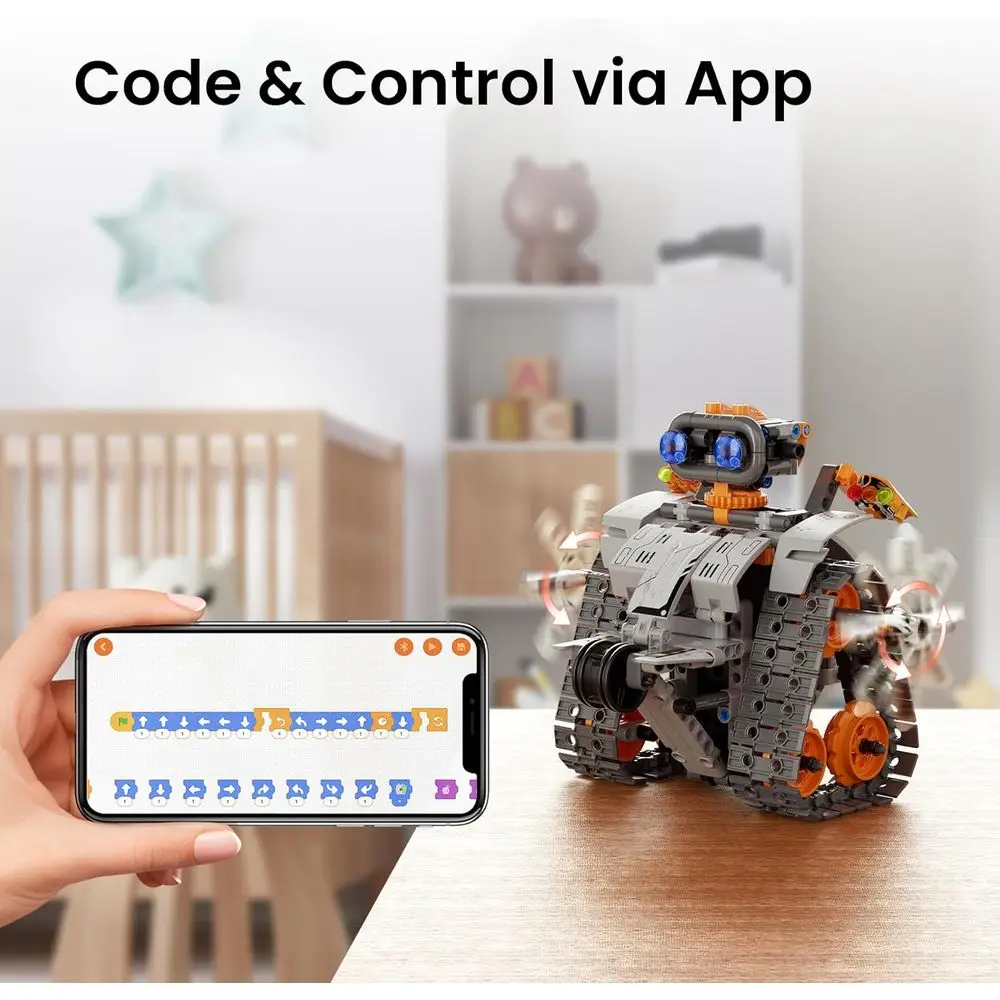 Kit robot STEM 5 in 1 per bambini 8-12, set di codifica e costruzione telecomandati con 488 pezzi - arancione