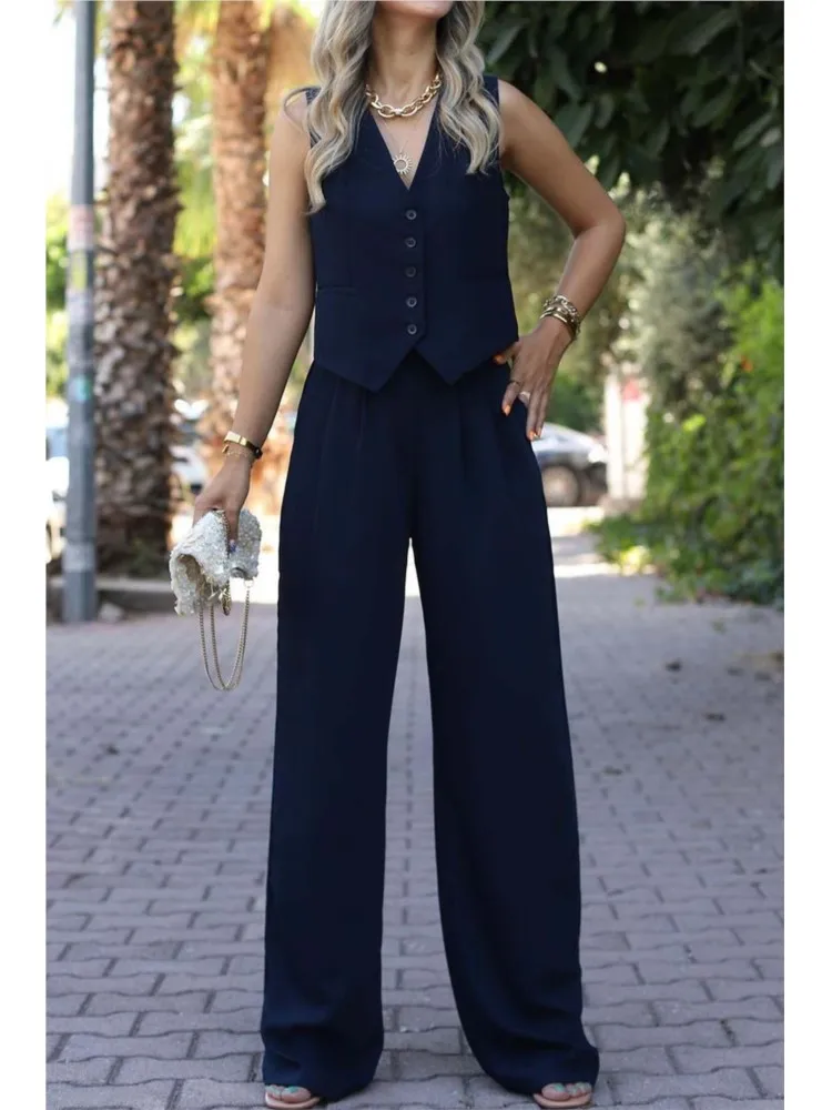 casual sleeveless suit set office lady spring summer elegant slim v-neck blazer tops pants two piece set women outfit 2024