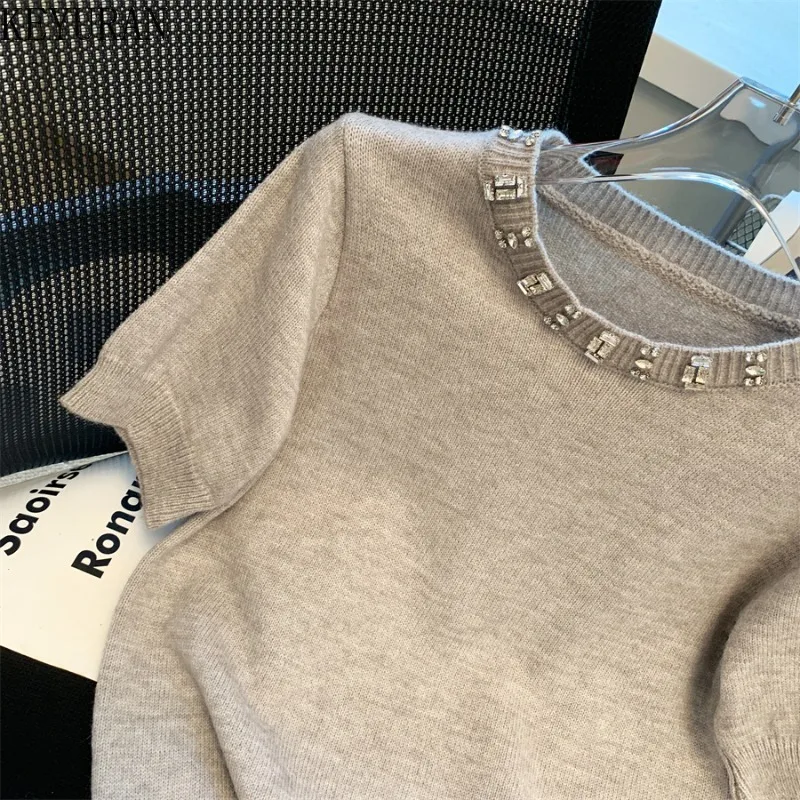 2024 Spring Summer Grey Diamonds Pullover Sweater Women\'s Retro Fashion O-neck Casual Loose Short Sleeve Casual Tops Jumper