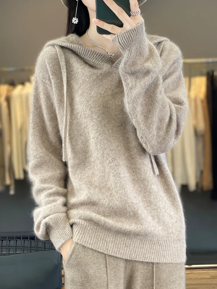 Otoño Invierno suéter grueso para mujer Sudadera con capucha 100% lana merina Casual jersey de manga larga abrigo de punto de Cachemira moda coreana