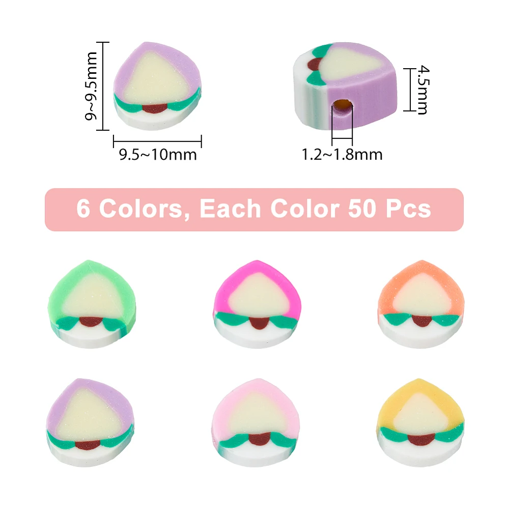 300Pcs 6 Colors Fruit Polymer Clay Teardrop Peach Clay Loose Multi-Colored Kawaii Soft Handmade Beads