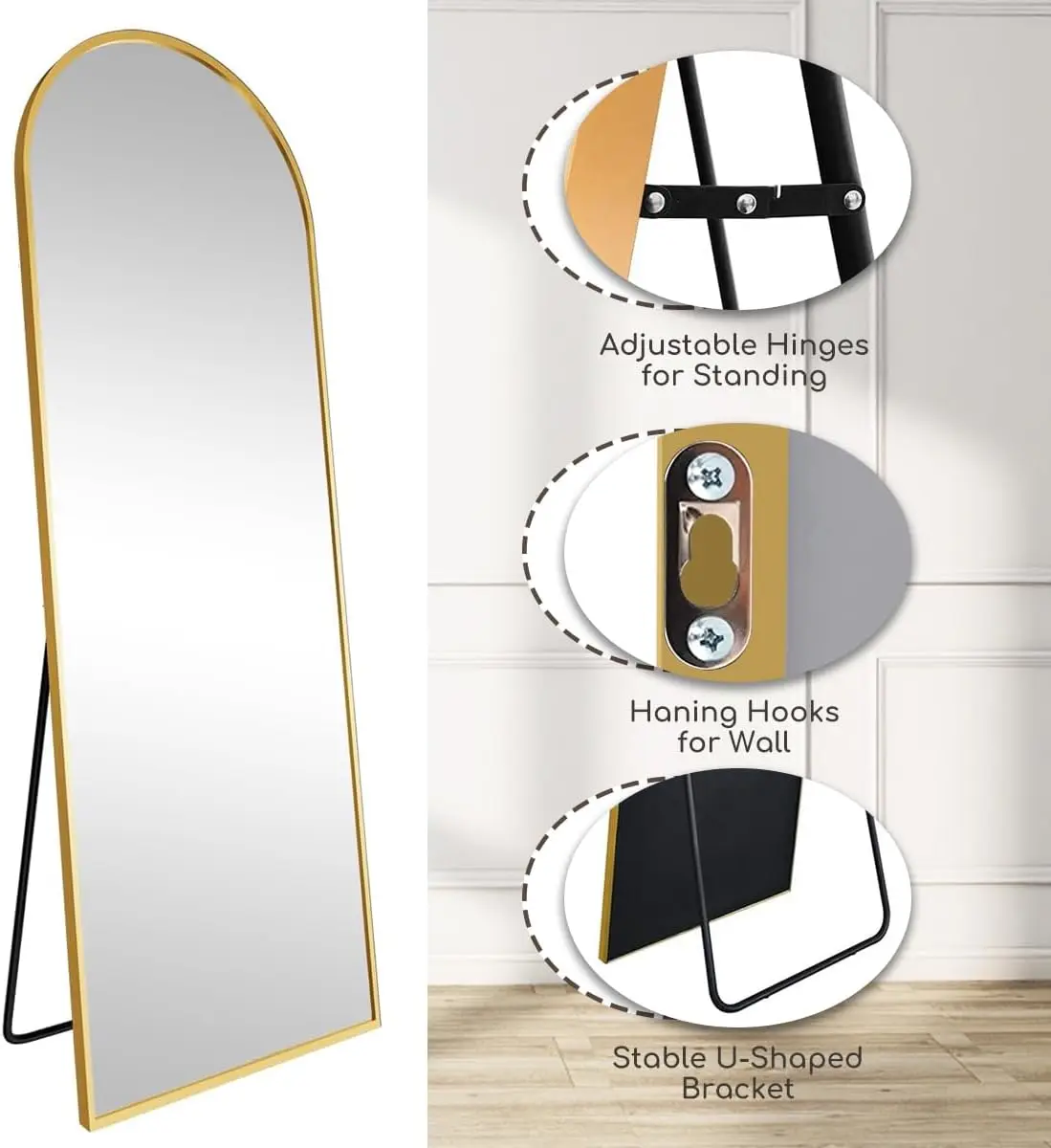 Arched Full Length Mirror 70"x26" - Free Standing Floor Mirror, Modern Full Body Mirror with Aluminum Alloy Frame for Bedroom, Living Room, Gold