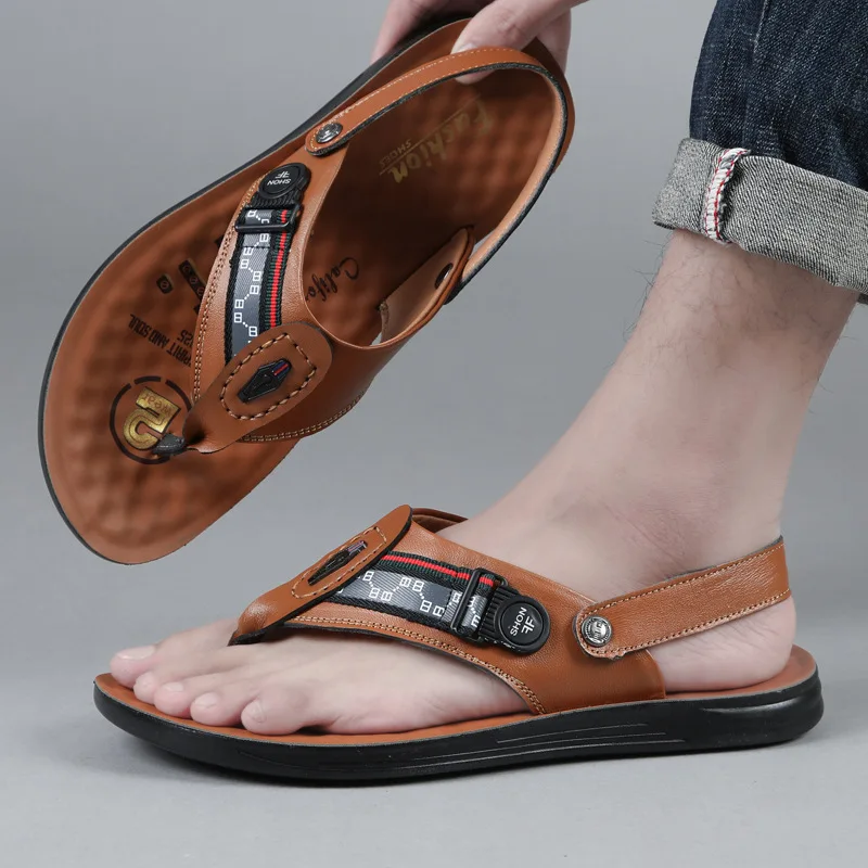 Chanclas de cuero de vaca para hombre, sandalias de moda de diseñador, zapatos de suela blanda, zapatillas de verano, 2023