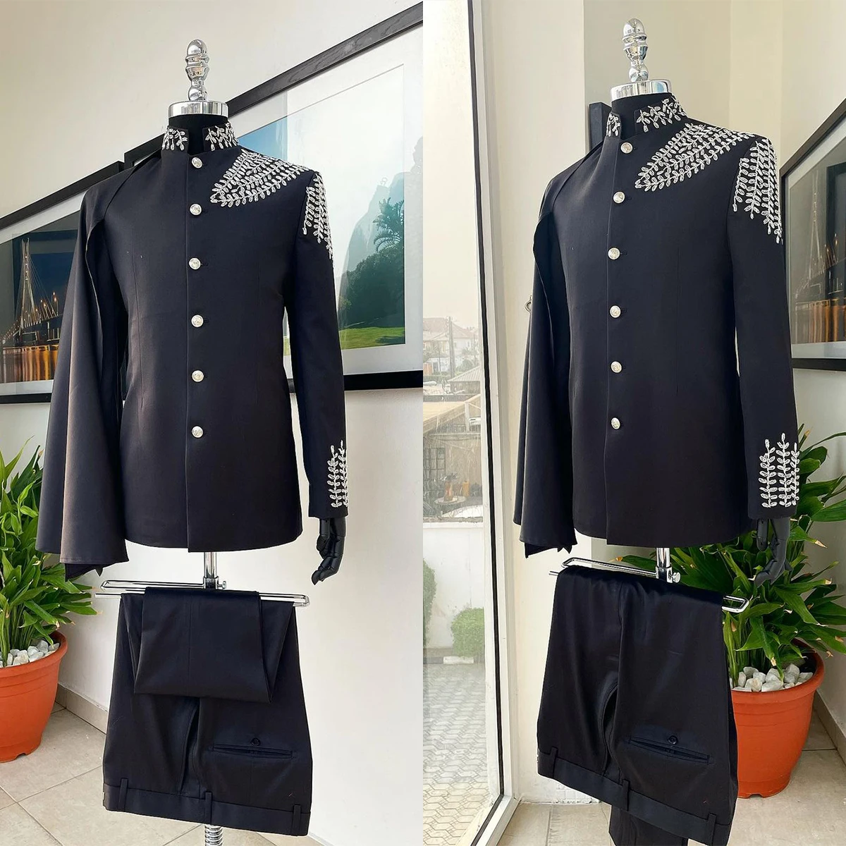 Tailored Men Pants Suits 2 Pieces Stand Collar Crystal Beading Prom Wedding Tuxedos Groom Wear Plus Size Costume Homme