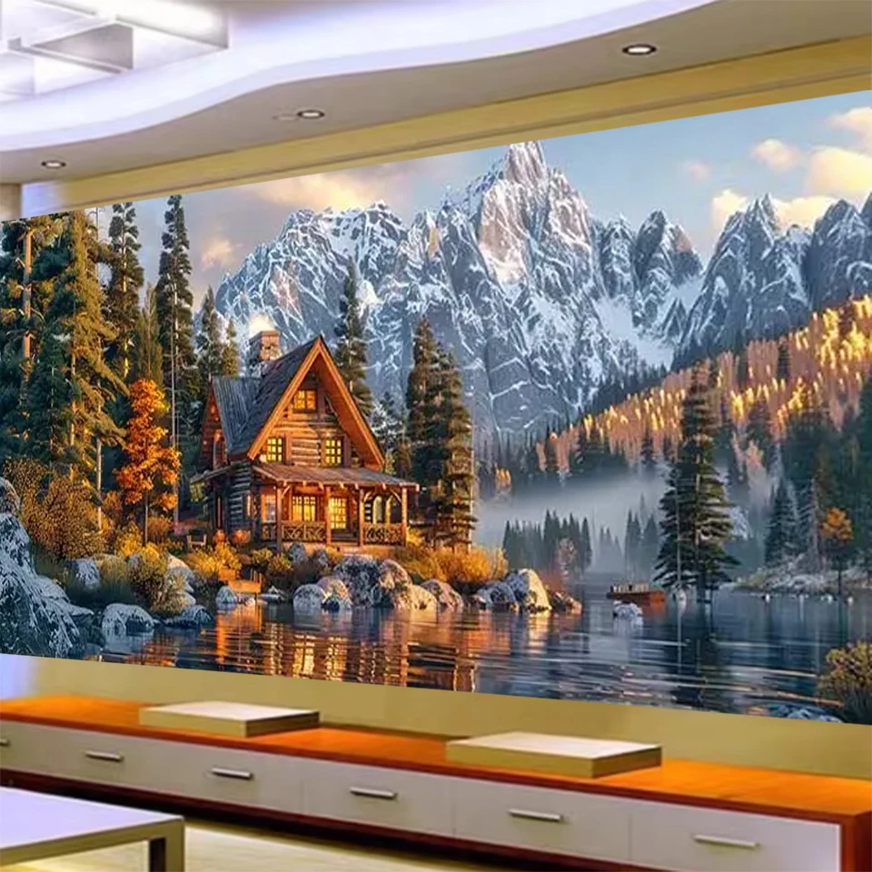 

Wooden House Lake Full Diamond Embroidery Mountain Tree Natural Landscape 5D DIY Diamond Painting Mosaic 200x100cm Home Decor