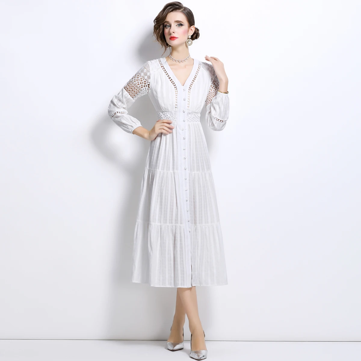 ZJYT 2025 New Fashion Women's Spring Dresses Long Sleeve V Neck Hollow Out Patchwork Midi Holiday Drress White Yellow Casual