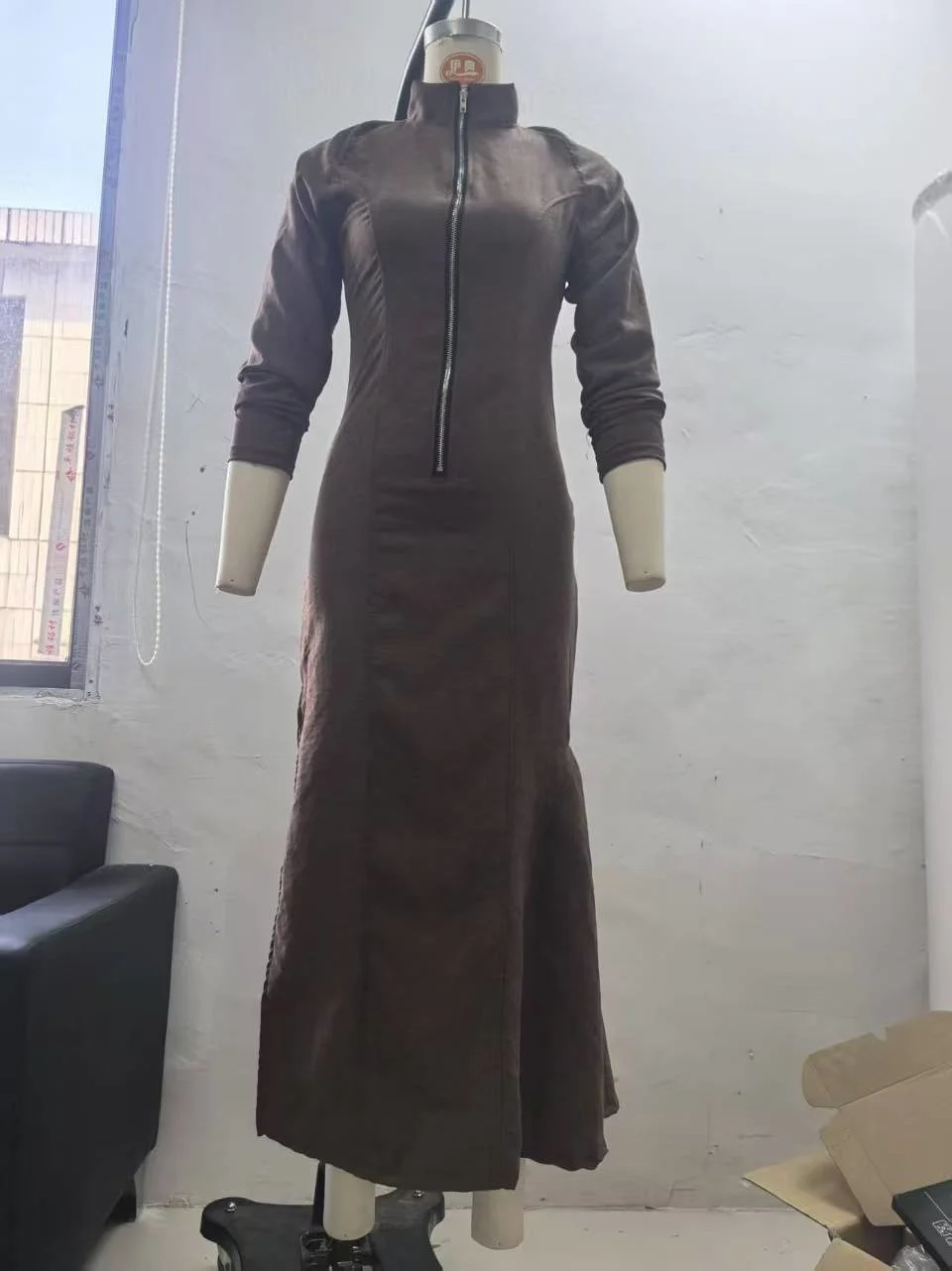 Women Elegant Lace-Up Belted Long Sleeve Slim Fit Solid Maxi Dress O-Neck Split Zipper, Casual Party Outfit For Wedding Guest