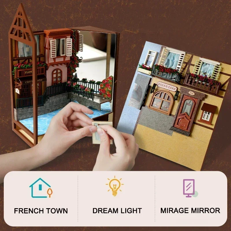 

Fairy Tale Town Bookshelf DIY Wooden Book Nook Shelf Insert Miniature Kits Doll House Home Bookend Decor Handmade Gifts
