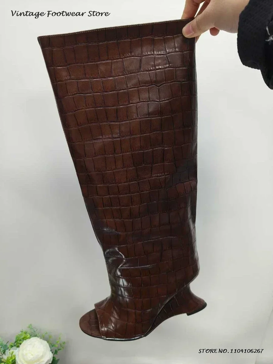 Strange Style High Heel Summer Boots Solid Peep Toe Wedges Knee-High Boots Spring Concise Fashion Design Slip-on Plus SIze Boots