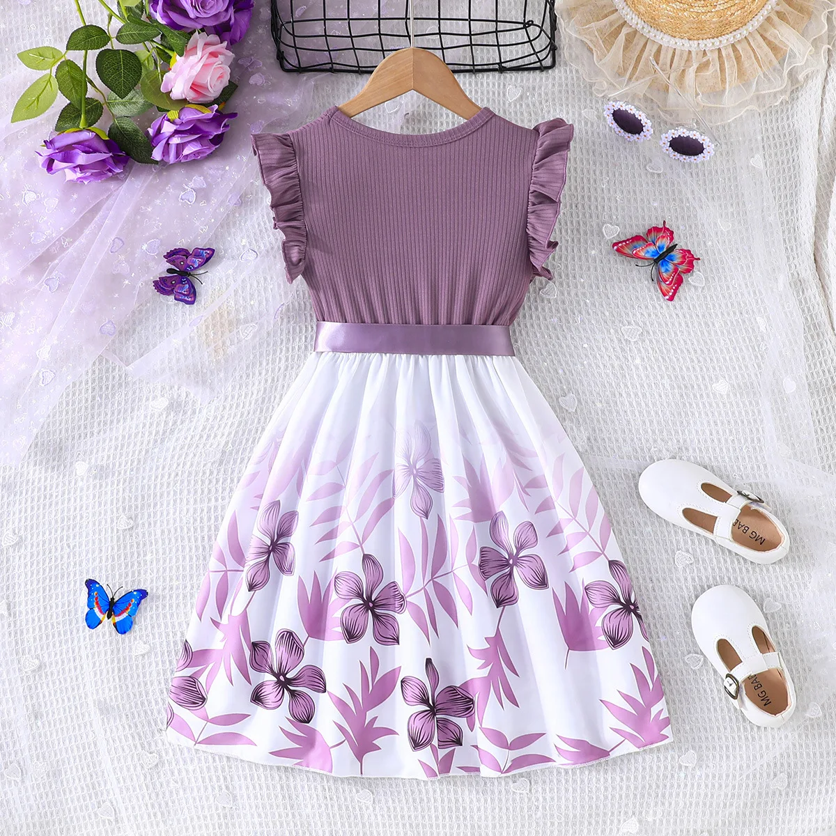 2024 Summer New Arrival Girls Sleeveless O Neck Ruffles Print Floral Purple Roupa Infantil Menina Cute Party Dress Custume 4-10T