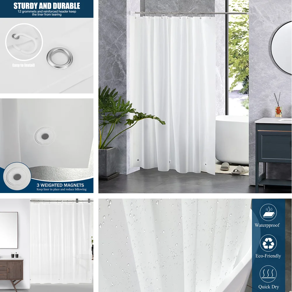 Rideau De Douche Imperméable PEVA Avec œillets - Motif Fleur Blanche - 150x180 Cm - Idéal Pour Baignoire Et Douche - 2
