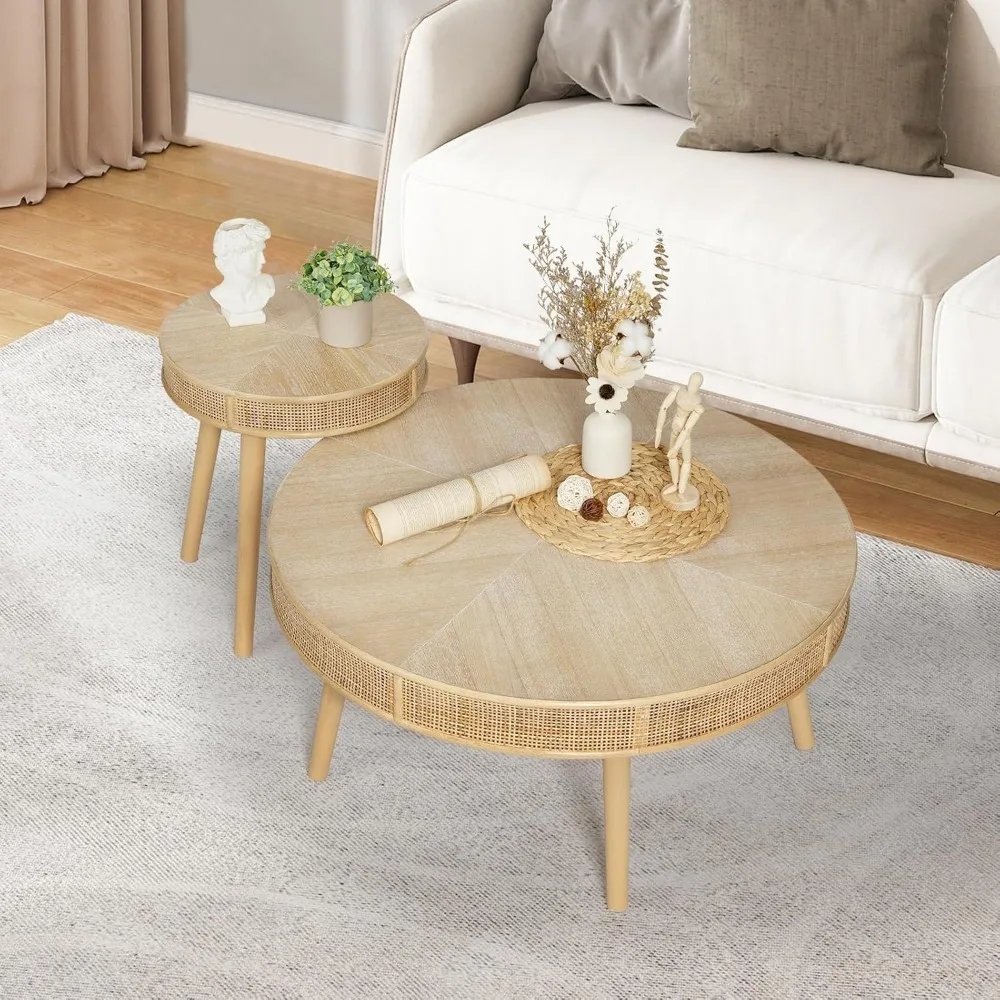 

Farmhouse Round Coffee Table, Rustic Sofa Side Tea Tables Nesting Center Table Set with Handmade Rattan for Living Room, French