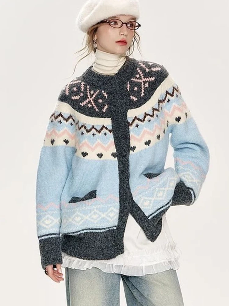 

American Retro Print Cardigan Women Loose Lazy Wind Harajuku Knitted Sweater Casual Fall Winter Vintage O Neck Female Y2K Tops