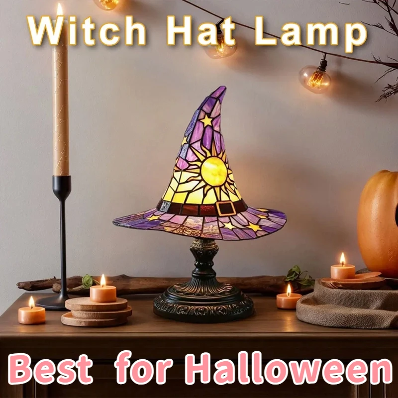 

Stained Glass Witch Hat Night Light Halloween Decor Lamp for Bedside Table Holiday Home Decor Gift for Living Room Bedroom Decor