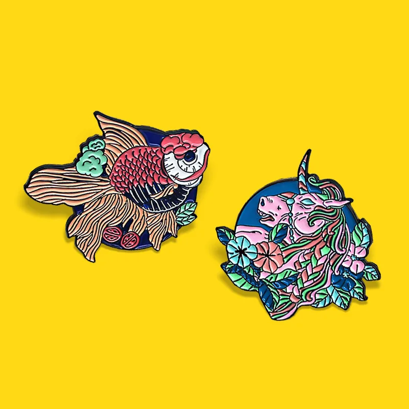 Horse Enamel Pins Flowers and plants One horn horse Animal Brooches Lapel For Woman Jewelry Gift Wholesale Fashion Fish Goldfish