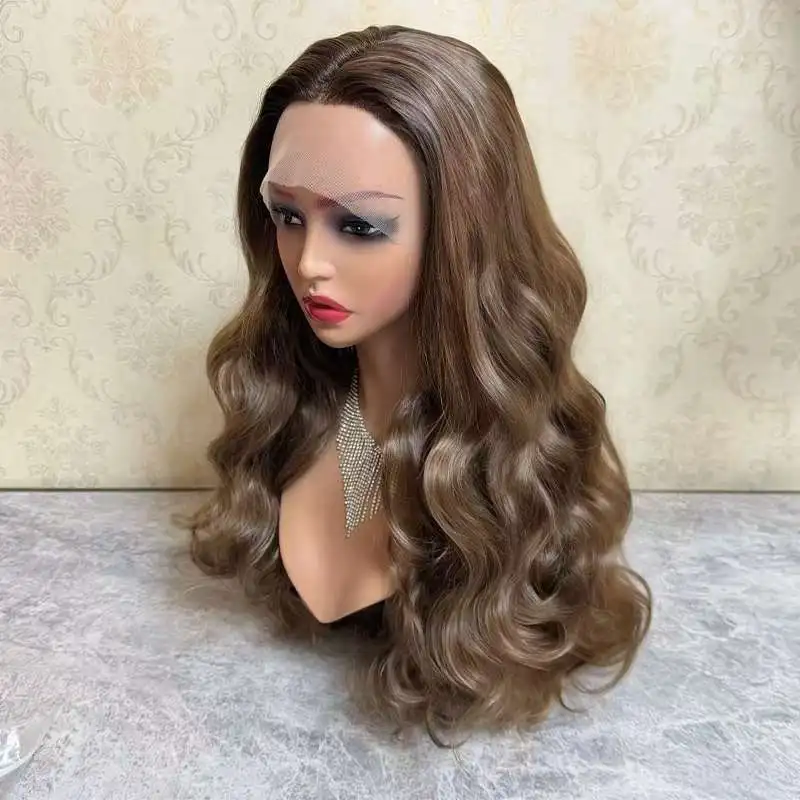

Ombre Chestnut Brown Synthetic Lace Front Wigs With Dark Roots Realistic Look Natural Hairline Glueless Wigs Daily Party Use 24"